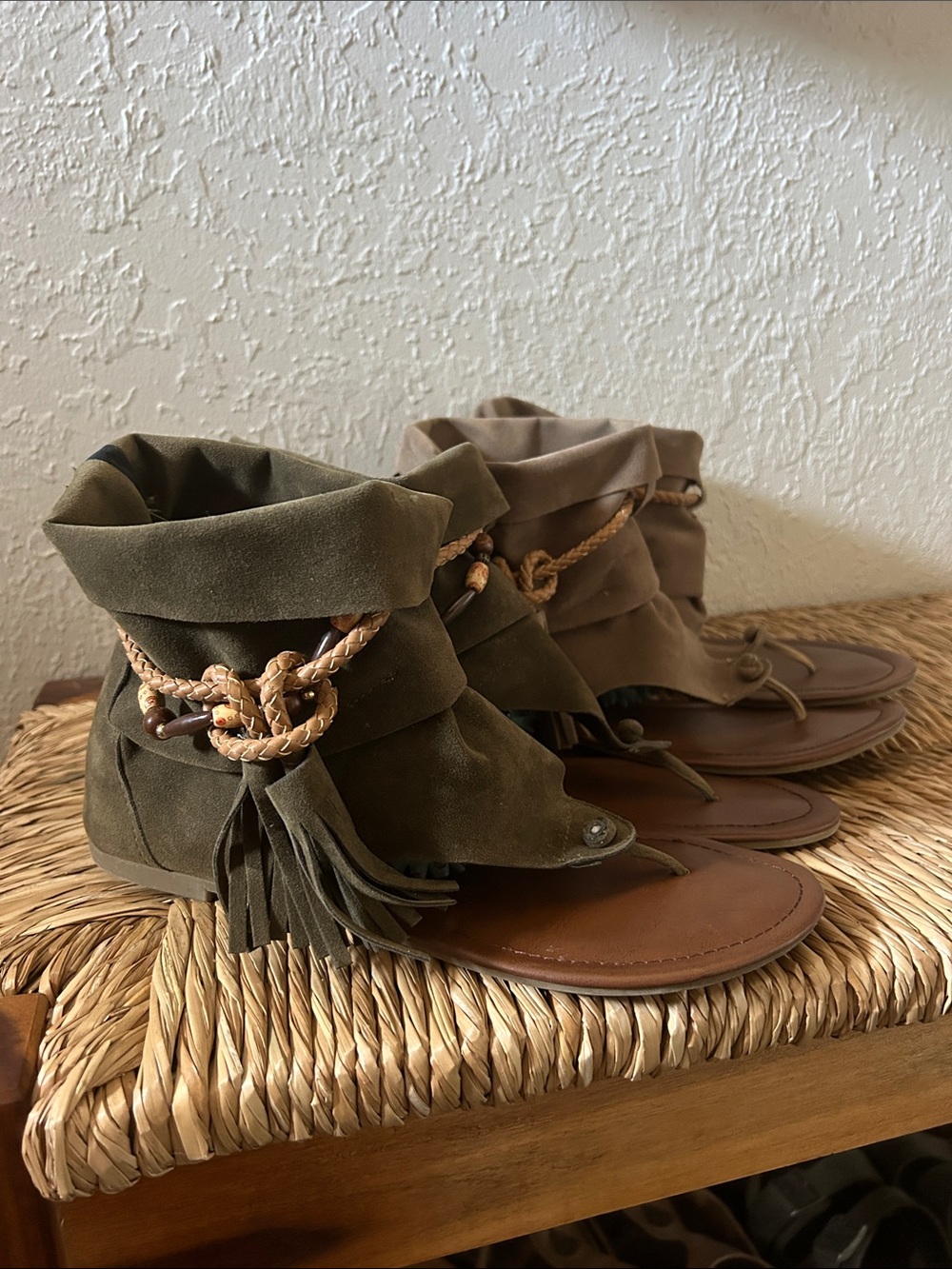 Suede Wrap Fringe Sandal Boots in Olive Green and Taupe